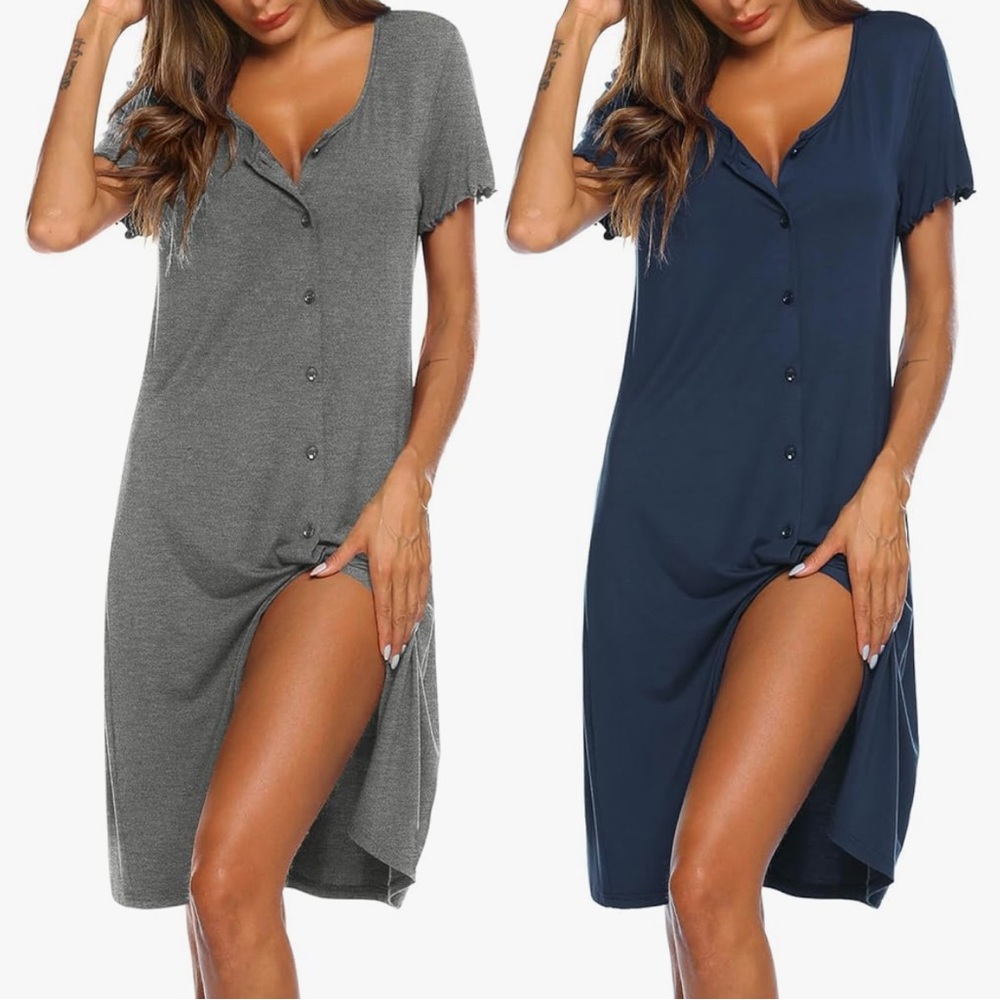 Women's Button-Down Sleep Shirt - Gray and Blue